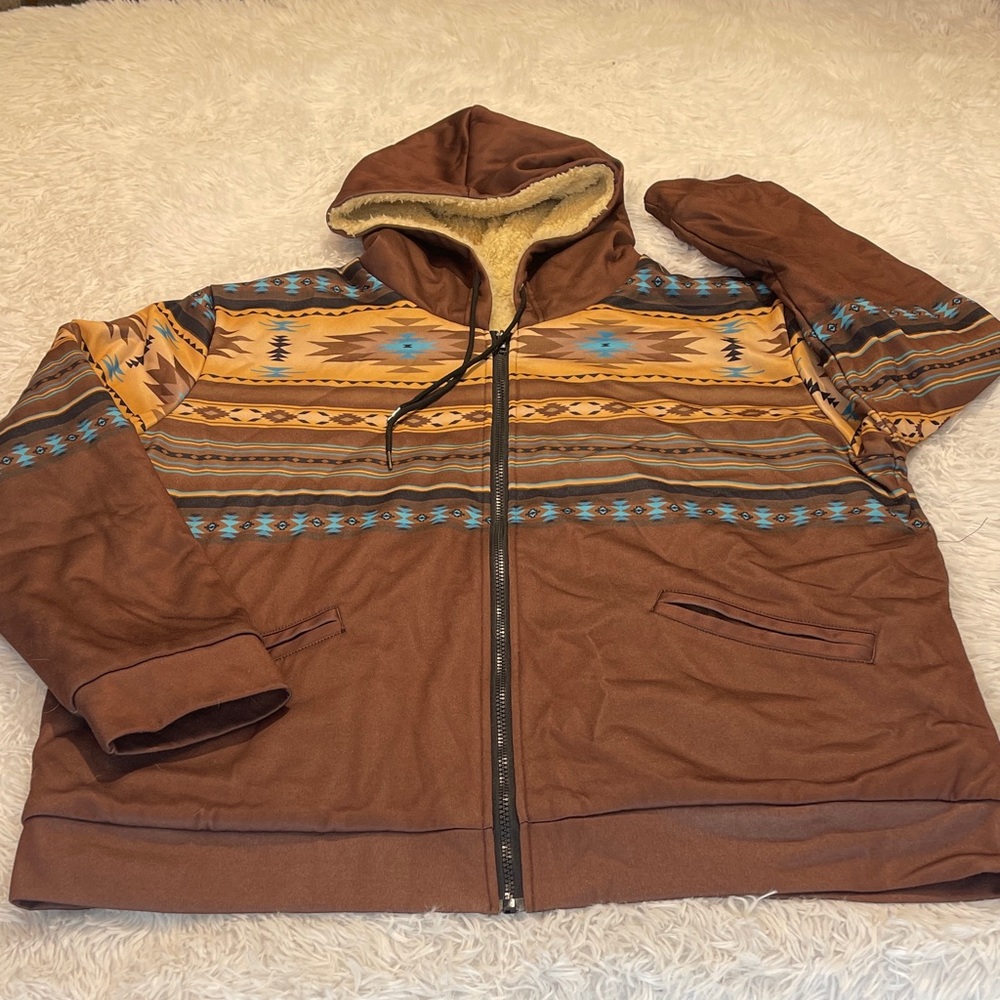Brown Hooded Jacket with Tribal Pattern AZTEC MENS SIZE XL Sherpa lining